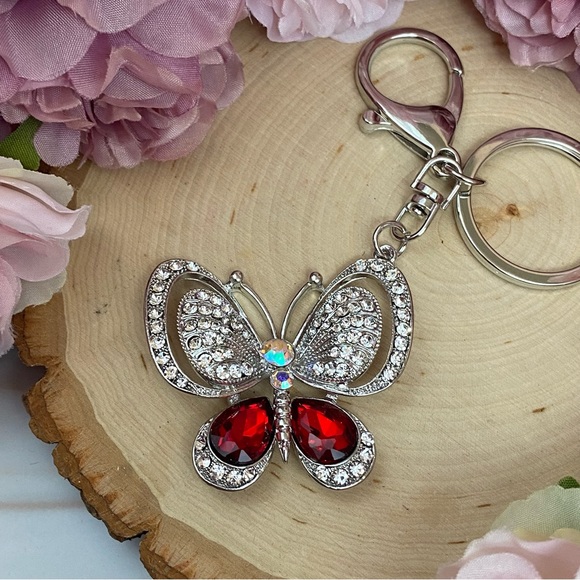 Silver and Ruby Red Crystal Butterfly Keychain Charm - Picture 11 of 16